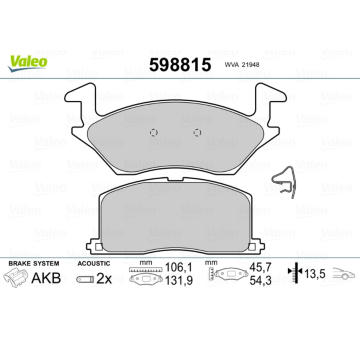 Sada brzdových destiček, kotoučová brzda VALEO 598815
