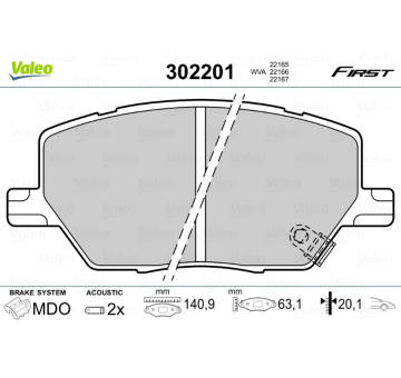 Sada brzdových destiček, kotoučová brzda VALEO 302201