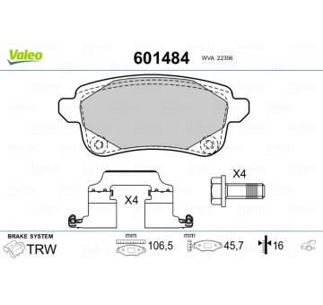 Sada brzdových destiček, kotoučová brzda VALEO 601484