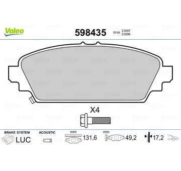 Sada brzdových destiček, kotoučová brzda VALEO 598435