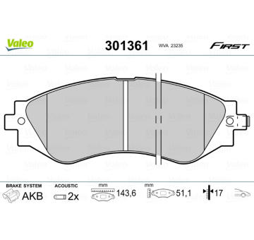 Sada brzdových destiček, kotoučová brzda VALEO 301361