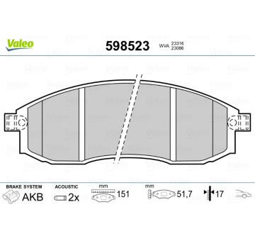 Sada brzdových destiček, kotoučová brzda VALEO 598523