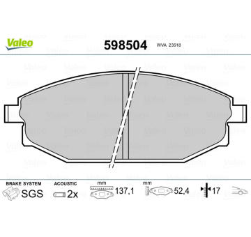 Sada brzdových destiček, kotoučová brzda VALEO 598504