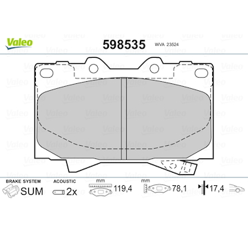 Sada brzdových destiček, kotoučová brzda VALEO 598535