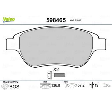 Sada brzdových destiček, kotoučová brzda VALEO 598465