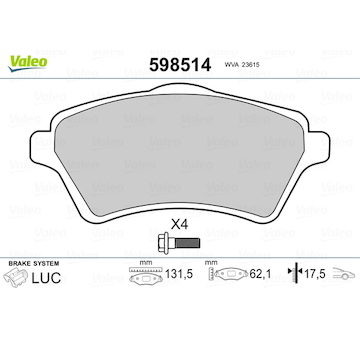 Sada brzdových destiček, kotoučová brzda VALEO 598514