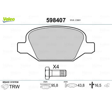 Sada brzdových destiček, kotoučová brzda VALEO 598407