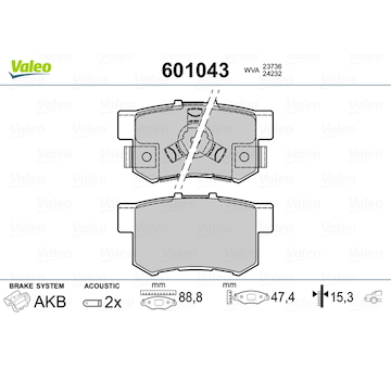 Sada brzdových destiček, kotoučová brzda VALEO 601043