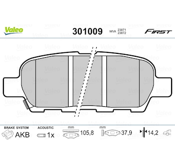 Sada brzdových destiček, kotoučová brzda VALEO 301009