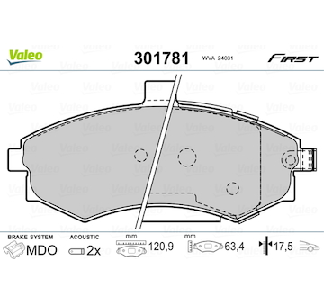 Sada brzdových destiček, kotoučová brzda VALEO 301781