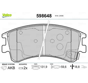 Sada brzdových destiček, kotoučová brzda VALEO 598648