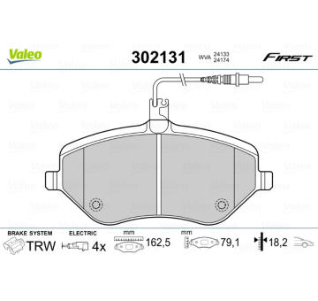 Sada brzdových destiček, kotoučová brzda VALEO 302131