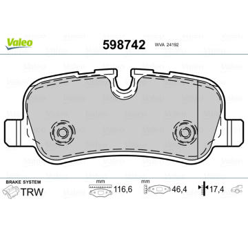 Sada brzdových destiček, kotoučová brzda VALEO 598742