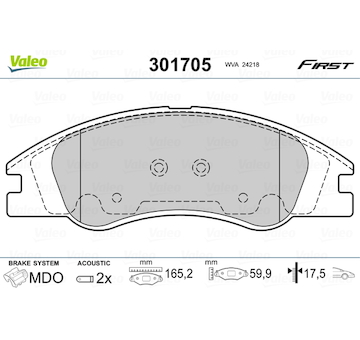 Sada brzdových destiček, kotoučová brzda VALEO 301705