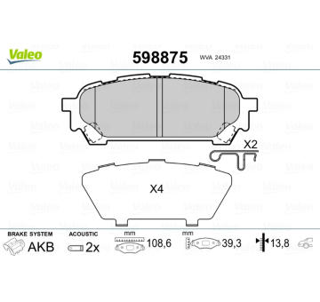 Sada brzdových destiček, kotoučová brzda VALEO 598875