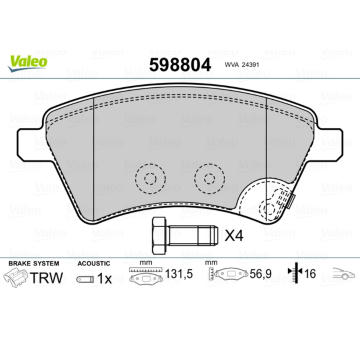 Sada brzdových destiček, kotoučová brzda VALEO 598804