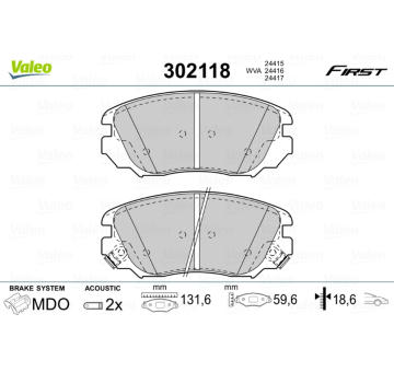 Sada brzdových destiček, kotoučová brzda VALEO 302118