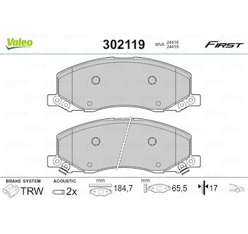 Sada brzdových destiček, kotoučová brzda VALEO 302119