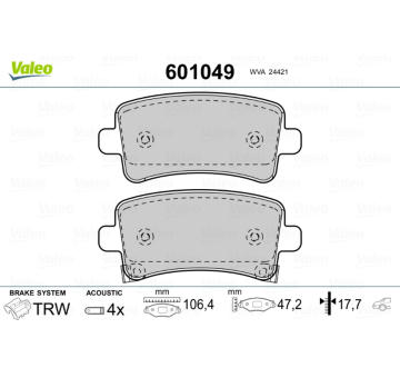 Sada brzdových destiček, kotoučová brzda VALEO 601049