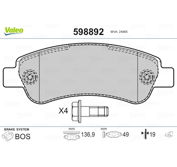 Sada brzdových destiček, kotoučová brzda VALEO 598892