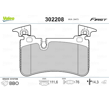 Sada brzdových destiček, kotoučová brzda VALEO 302208