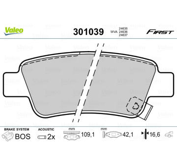 Sada brzdových destiček, kotoučová brzda VALEO 301039