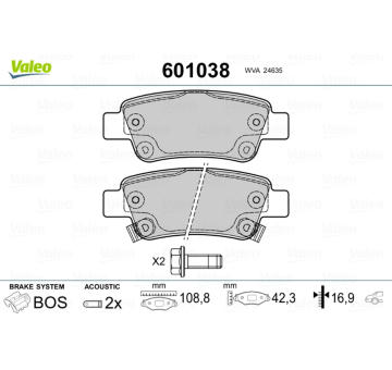 Sada brzdových destiček, kotoučová brzda VALEO 601038