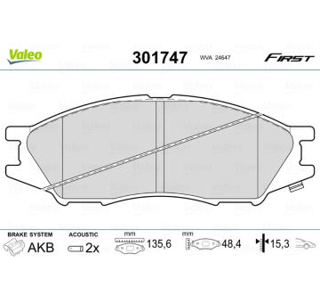 Sada brzdových destiček, kotoučová brzda VALEO 301747