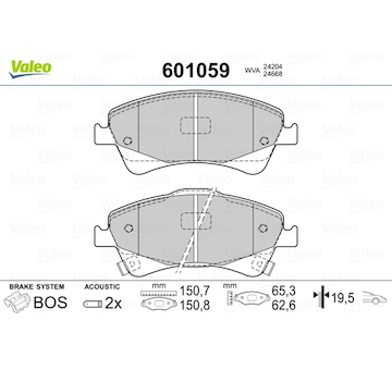 Sada brzdových destiček, kotoučová brzda VALEO 601059