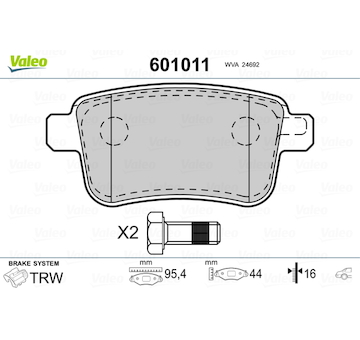 Sada brzdových destiček, kotoučová brzda VALEO 601011