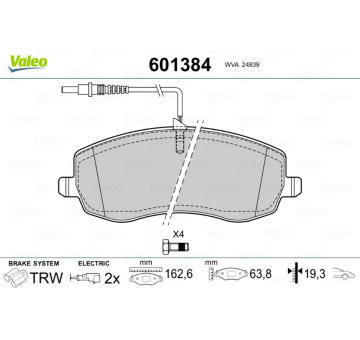 Sada brzdových destiček, kotoučová brzda VALEO 601384