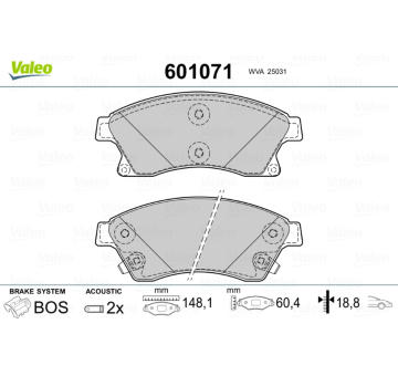 Sada brzdových destiček, kotoučová brzda VALEO 601071