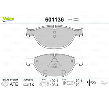 Sada brzdových destiček, kotoučová brzda VALEO 601136