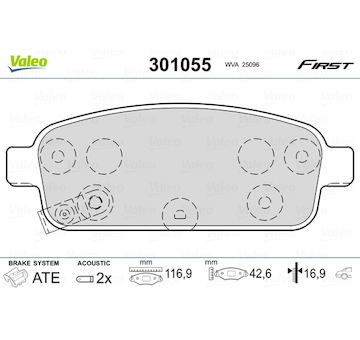 Sada brzdových destiček, kotoučová brzda VALEO 301055