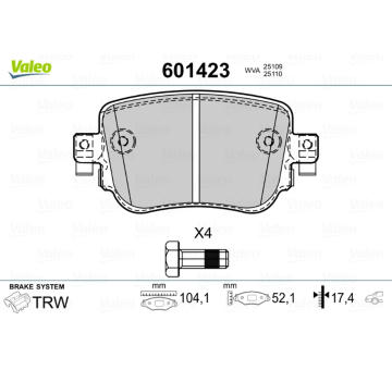 Sada brzdových destiček, kotoučová brzda VALEO 601423