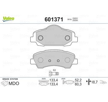 Sada brzdových destiček, kotoučová brzda VALEO 601371