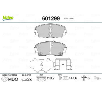 Sada brzdových destiček, kotoučová brzda VALEO 601299