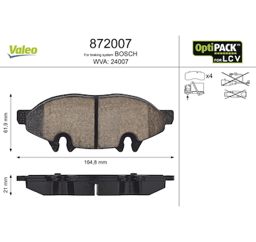 Sada brzdových destiček, kotoučová brzda VALEO 872007