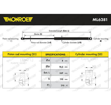 Plynová vzpera, kapota motora MONROE ML6281