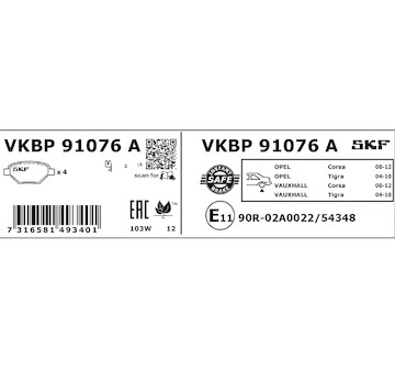 Sada brzdových destiček, kotoučová brzda SKF VKBP 91076 A