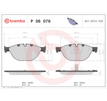 Sada brzdových destiček, kotoučová brzda BREMBO P 06 076