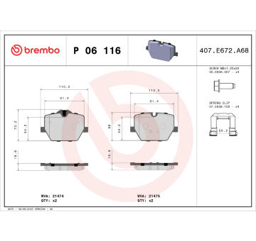 Sada brzdových destiček, kotoučová brzda BREMBO P 06 116