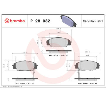 Sada brzdových destiček, kotoučová brzda BREMBO P 28 032