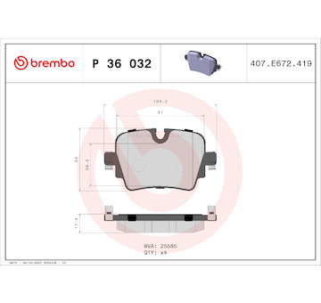 Sada brzdových destiček, kotoučová brzda BREMBO P 36 032