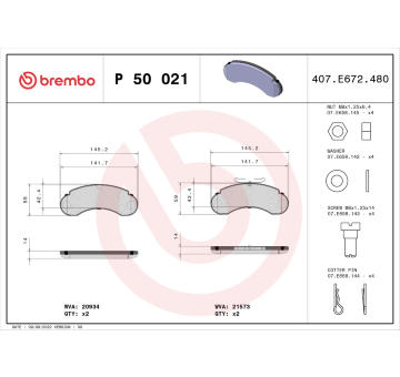 Sada brzdových destiček, kotoučová brzda BREMBO P 50 021