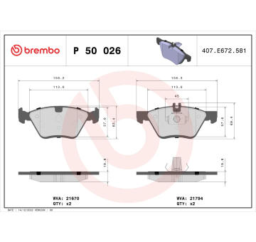 Sada brzdových destiček, kotoučová brzda BREMBO P 50 026