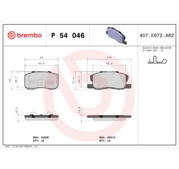 Sada brzdových destiček, kotoučová brzda BREMBO P 54 046