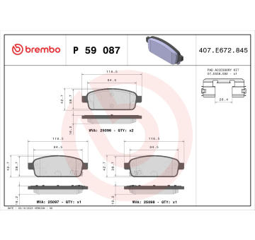 Sada brzdových destiček, kotoučová brzda BREMBO P 59 087