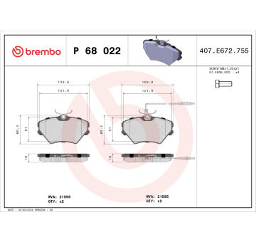 Sada brzdových destiček, kotoučová brzda BREMBO P 68 022