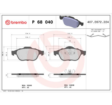 Sada brzdových destiček, kotoučová brzda BREMBO P 68 040